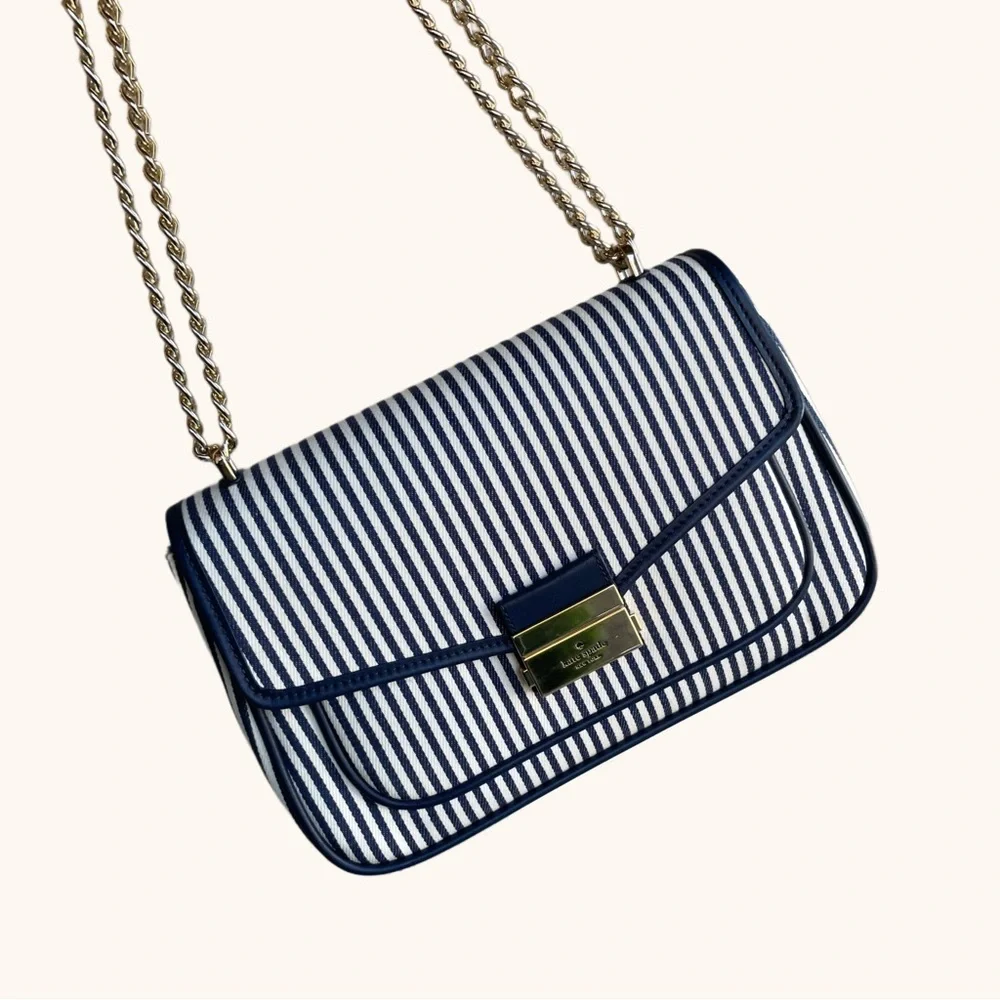 KATE SPADE Blue & White Striped Carey Medium Flap Striped Crossbody Shoulder Bag